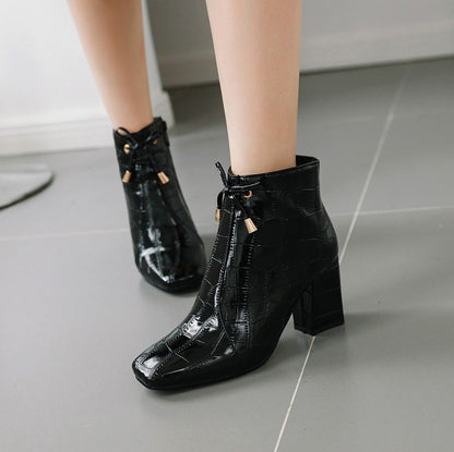 Women's Square Toe Crocodile Pattern Tied Block Heel Short Boots