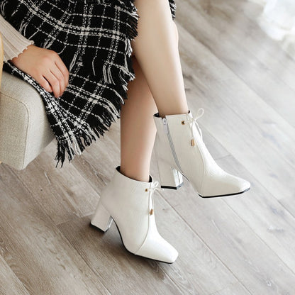 Women's Square Toe Crocodile Pattern Tied Block Heel Short Boots