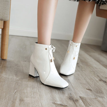 Women's Square Toe Crocodile Pattern Tied Block Heel Short Boots