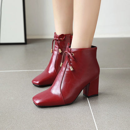 Women's Square Toe Tied Knot Block Heel Short Boots