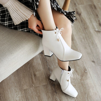 Women's Square Toe Tied Knot Block Heel Short Boots