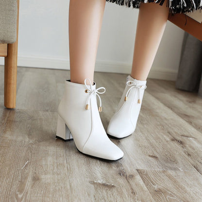 Women's Square Toe Tied Knot Block Heel Short Boots