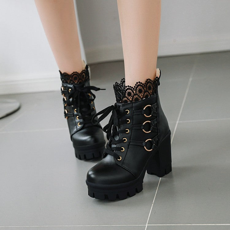 Women's Lace Up Buckles Lace Chunky Heel Platform Ankle Boots