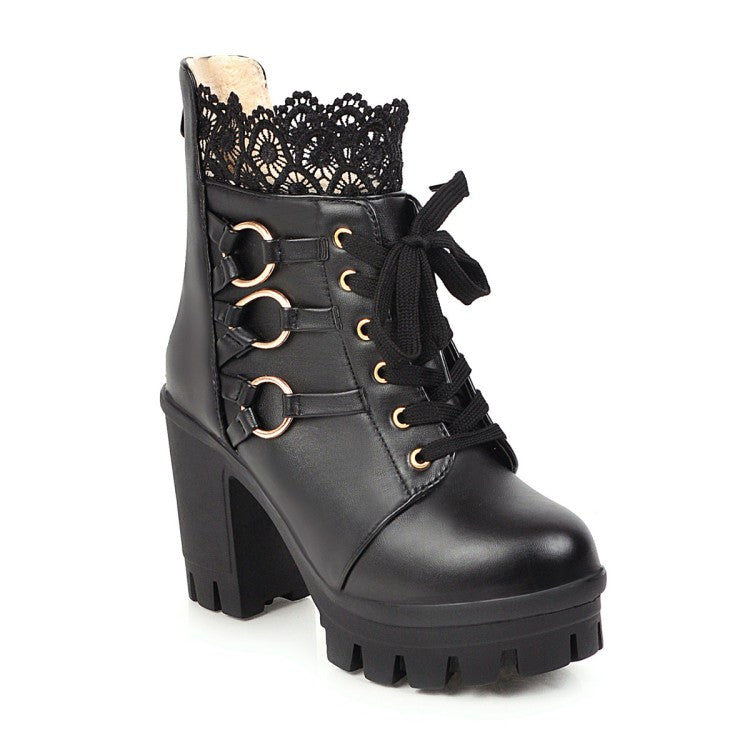 Women's Lace Up Buckles Lace Chunky Heel Platform Ankle Boots