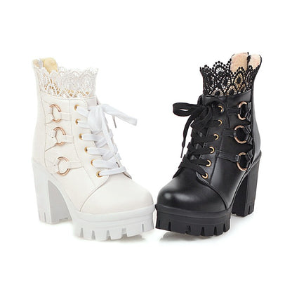 Women's Lace Up Buckles Lace Chunky Heel Platform Ankle Boots