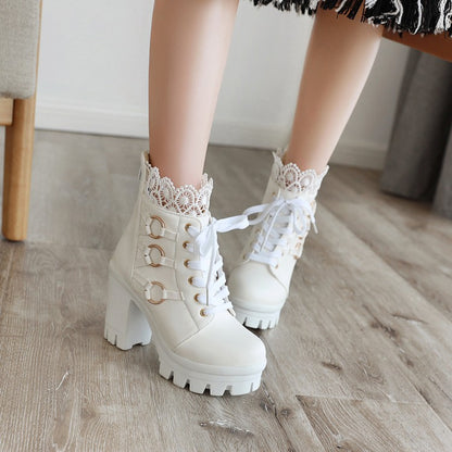 Women's Lace Up Buckles Lace Chunky Heel Platform Ankle Boots