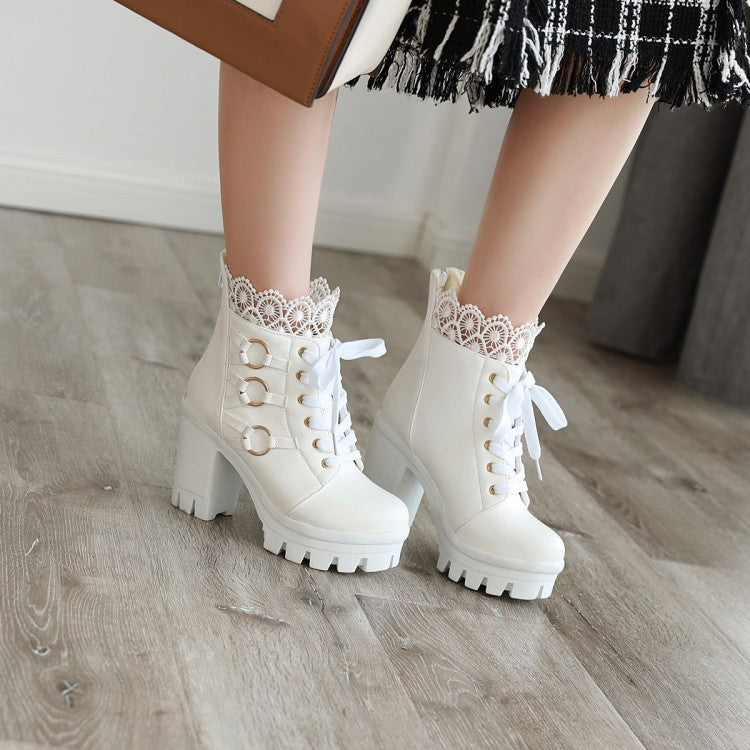 Women's Lace Up Buckles Lace Chunky Heel Platform Ankle Boots