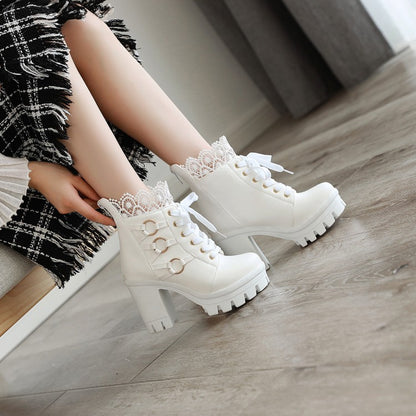 Women's Lace Up Buckles Lace Chunky Heel Platform Ankle Boots