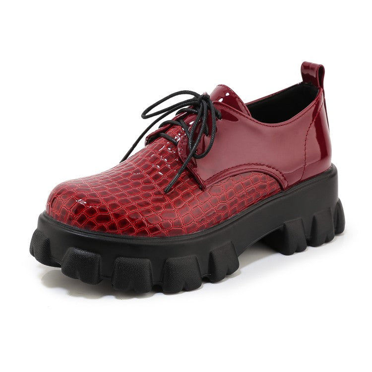 Women's Solid Color Crocodile Pattern Lace Up Platform High Heels Shoes