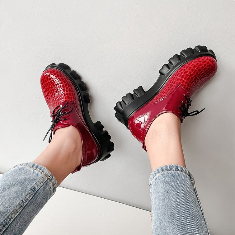 Women's Solid Color Crocodile Pattern Lace Up Platform High Heels Shoes