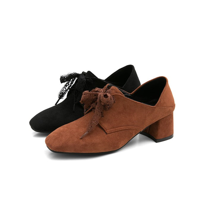 Women's Suede Square Toe Lace Up Block Heel Shoes