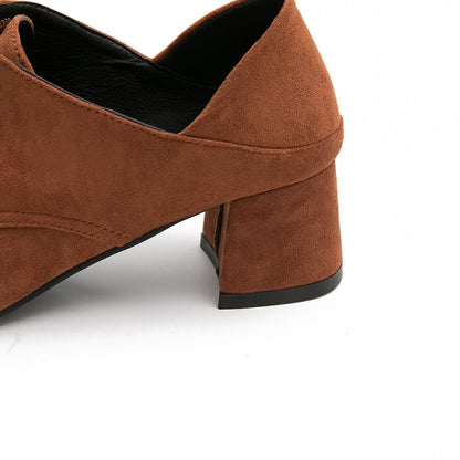 Women's Suede Square Toe Lace Up Block Heel Shoes