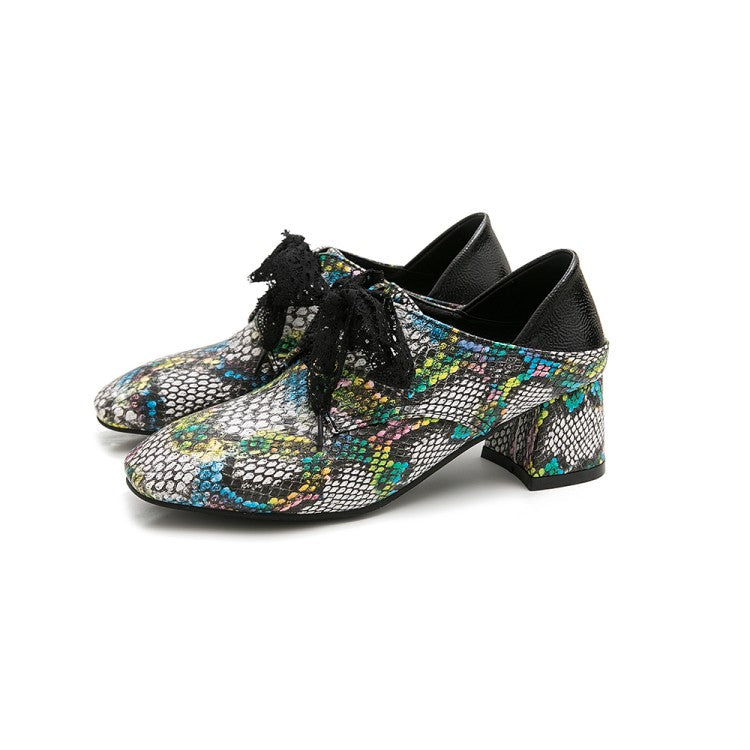 Women's Colorful Snake Pattern Square Toe Lace Up Block Heel Shoes