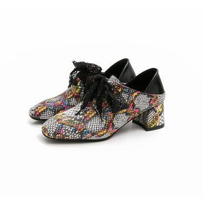 Women's Colorful Snake Pattern Square Toe Lace Up Block Heel Shoes