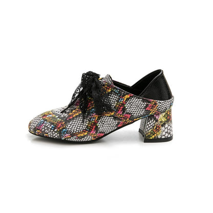 Women's Colorful Snake Pattern Square Toe Lace Up Block Heel Shoes