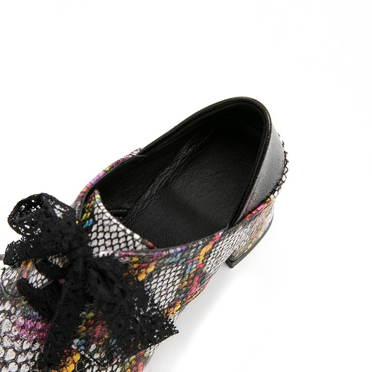 Women's Colorful Snake Pattern Square Toe Lace Up Block Heel Shoes