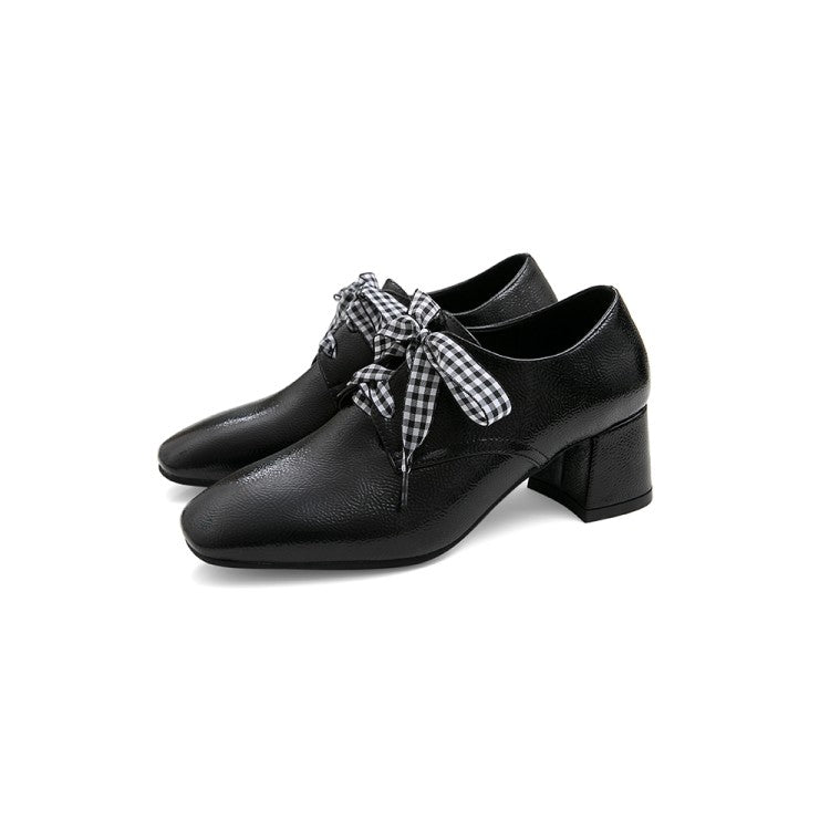 Women's Pu Leather Square Toe Lace Up Block Heel Shoes