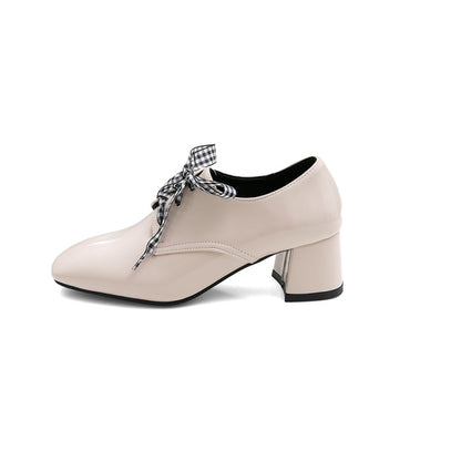 Women's Pu Leather Square Toe Lace Up Block Heel Shoes