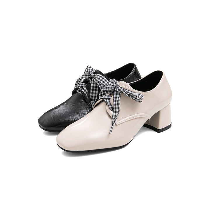Women's Pu Leather Square Toe Lace Up Block Heel Shoes