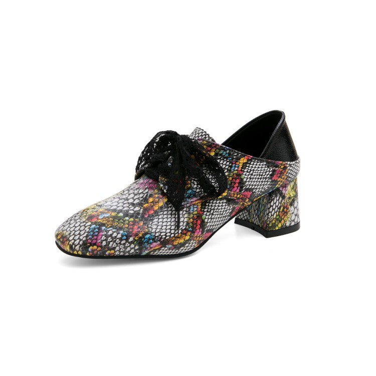 Women's Colorful Snake Pattern Square Toe Lace Up Block Heel Shoes