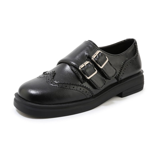 Women's Solid Color Round Toe Stitching Double Buckle Slip on Oxford Flats Shoes