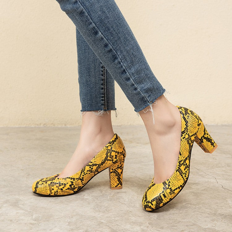 Women's Snake-printed Block High Heels Pumps