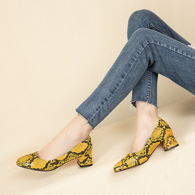 Women's Snake-printed Block Heels Pumps