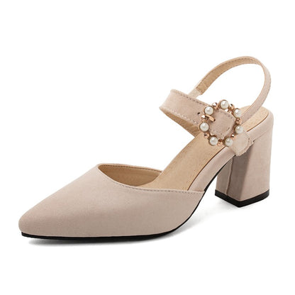 Women's Pointed Toe Suede Pearl Block Heel Sandals