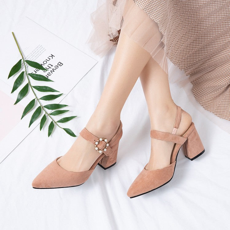 Women's Pointed Toe Suede Pearl Block Heel Sandals