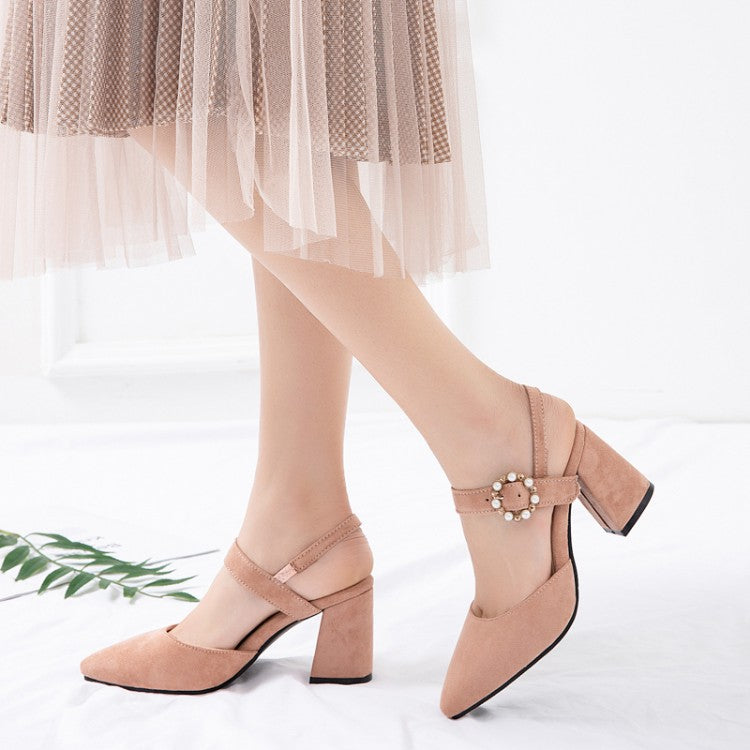 Women's Pointed Toe Suede Pearl Block Heel Sandals