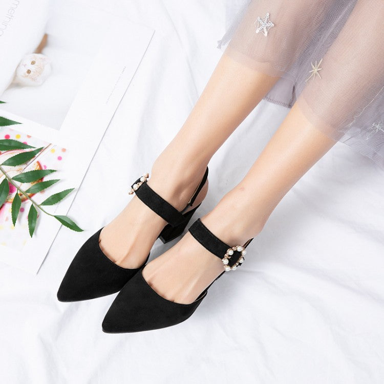Women's Pointed Toe Suede Pearl Block Heel Sandals