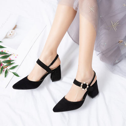 Women's Pointed Toe Suede Pearl Block Heel Sandals