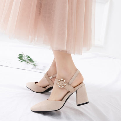 Women's Pointed Toe Suede Pearl Block Heel Sandals