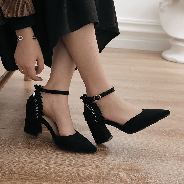 Women's Suede Ruffles Pointed Toe Block Heel Sandals