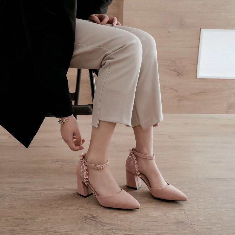 Women's Suede Ruffles Pointed Toe Block Heel Sandals