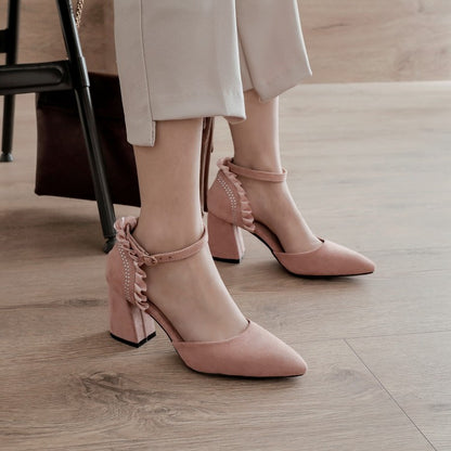 Women's Suede Ruffles Pointed Toe Block Heel Sandals