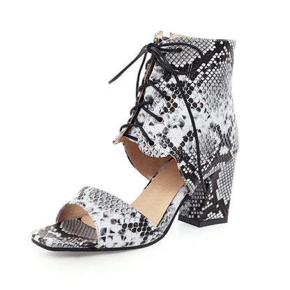 Women's Woven Snake Print Tied Strap Chunky Heel Sandals