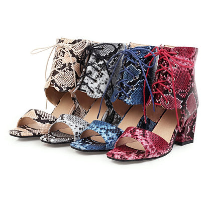 Women's Woven Snake Print Tied Strap Chunky Heel Sandals