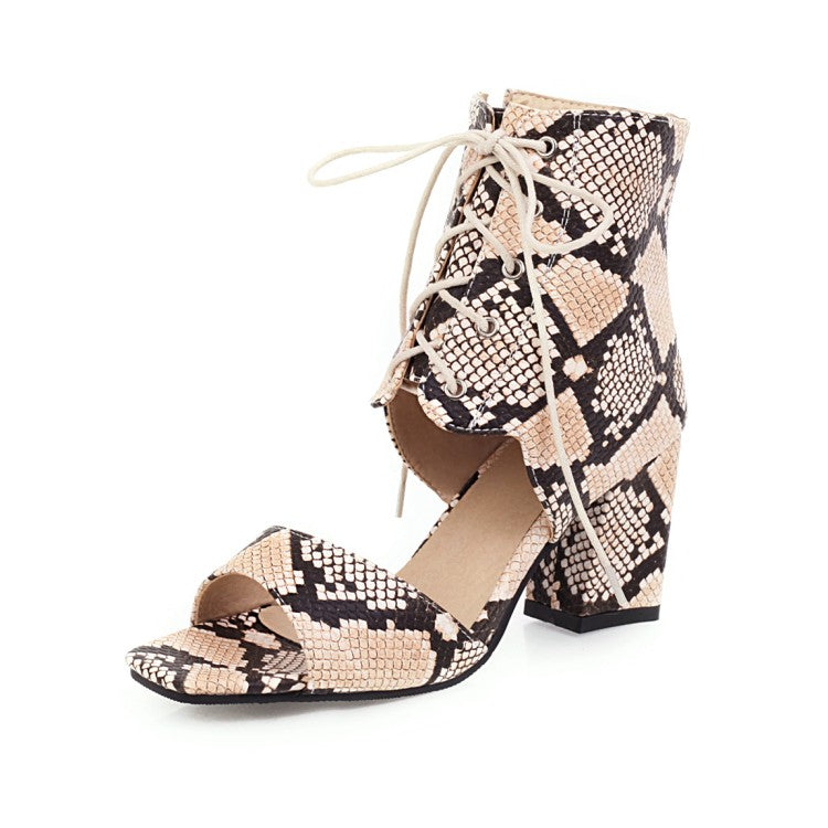 Women's Woven Snake Print Tied Strap Chunky Heel Sandals