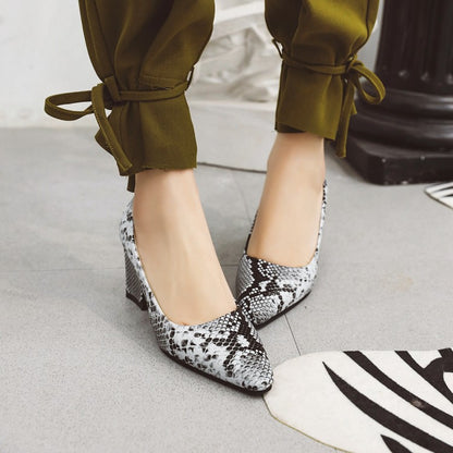 Women's Snake-printed High Heels Chunky Pumps