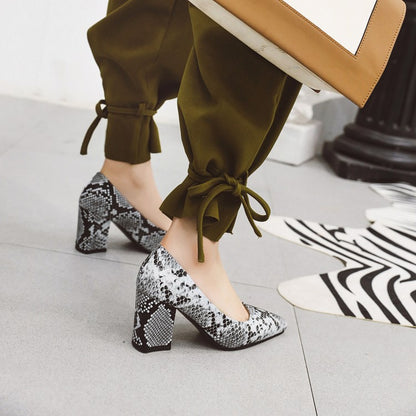 Women's Snake-printed High Heels Chunky Pumps