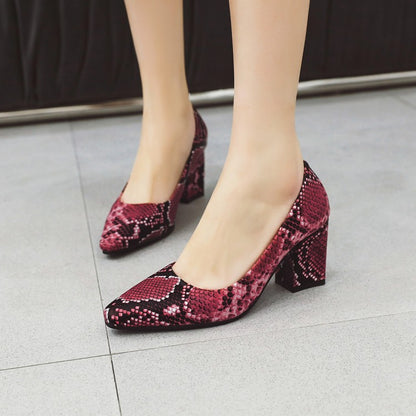 Women's Snake-printed High Heels Chunky Pumps