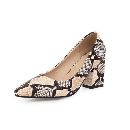 Women's Snake-printed High Heels Chunky Pumps