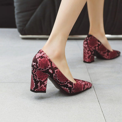 Women's Snake-printed High Heels Chunky Pumps