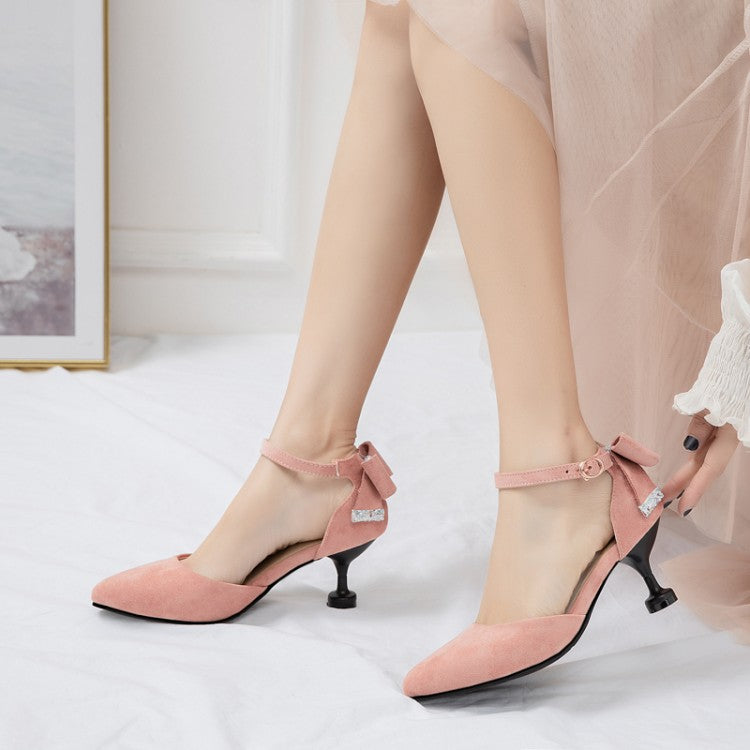 Women's's High Heels Suede Pointed Toe Ankle Strap Back Butterfly Knot Spool Heel Stiletto Sandals
