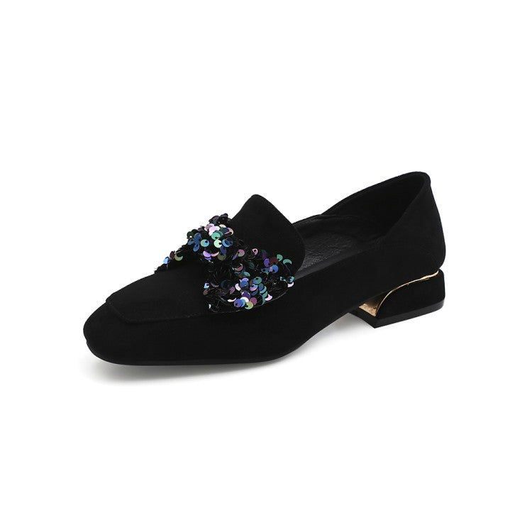 Women's Pumps Suede Sequins Butterfly Knot Puppy Heel Shoes