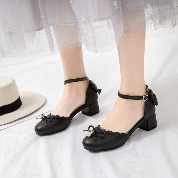 Women's Solid Color Round Toe Butterfly Knot Pearls Block Heel Sandals