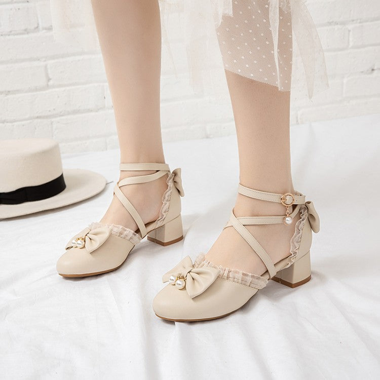 Women's Solid Color Lace Butterfly Knot Hollow Out Block Heel Sandals