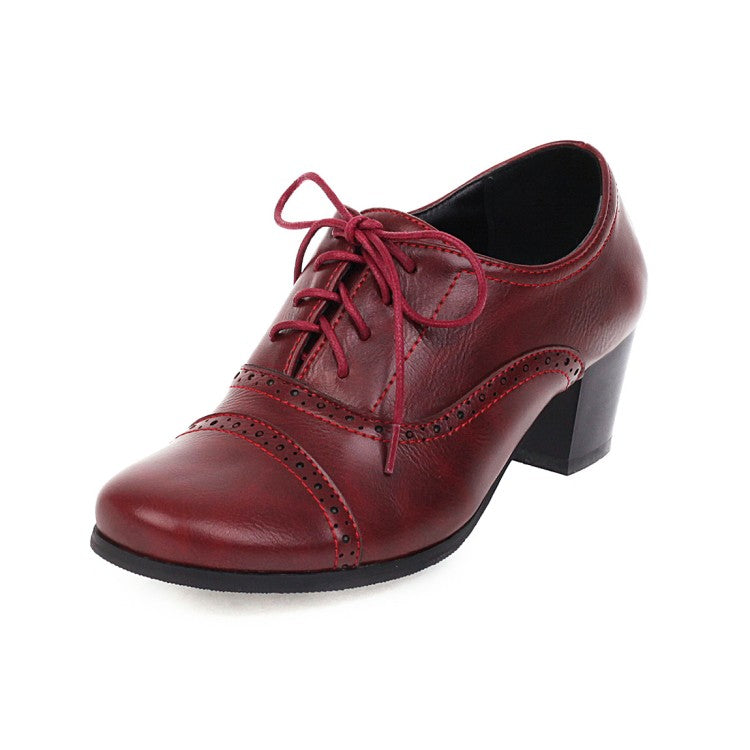 Women's Round Toe Lace Up Block Heel Oxford Chunky Heels Shoes