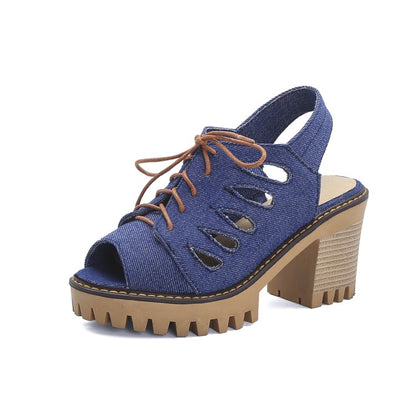 Women's's Denim Peep Toe Chunky Heel Platform Sandals